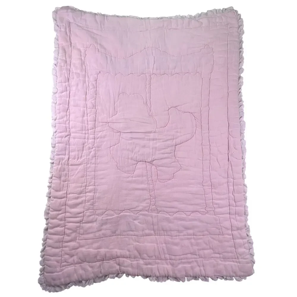 Vintage 80s 90s Baby Quilt Carousel Horse Merry Go Round Pink Lace Crib Blanket